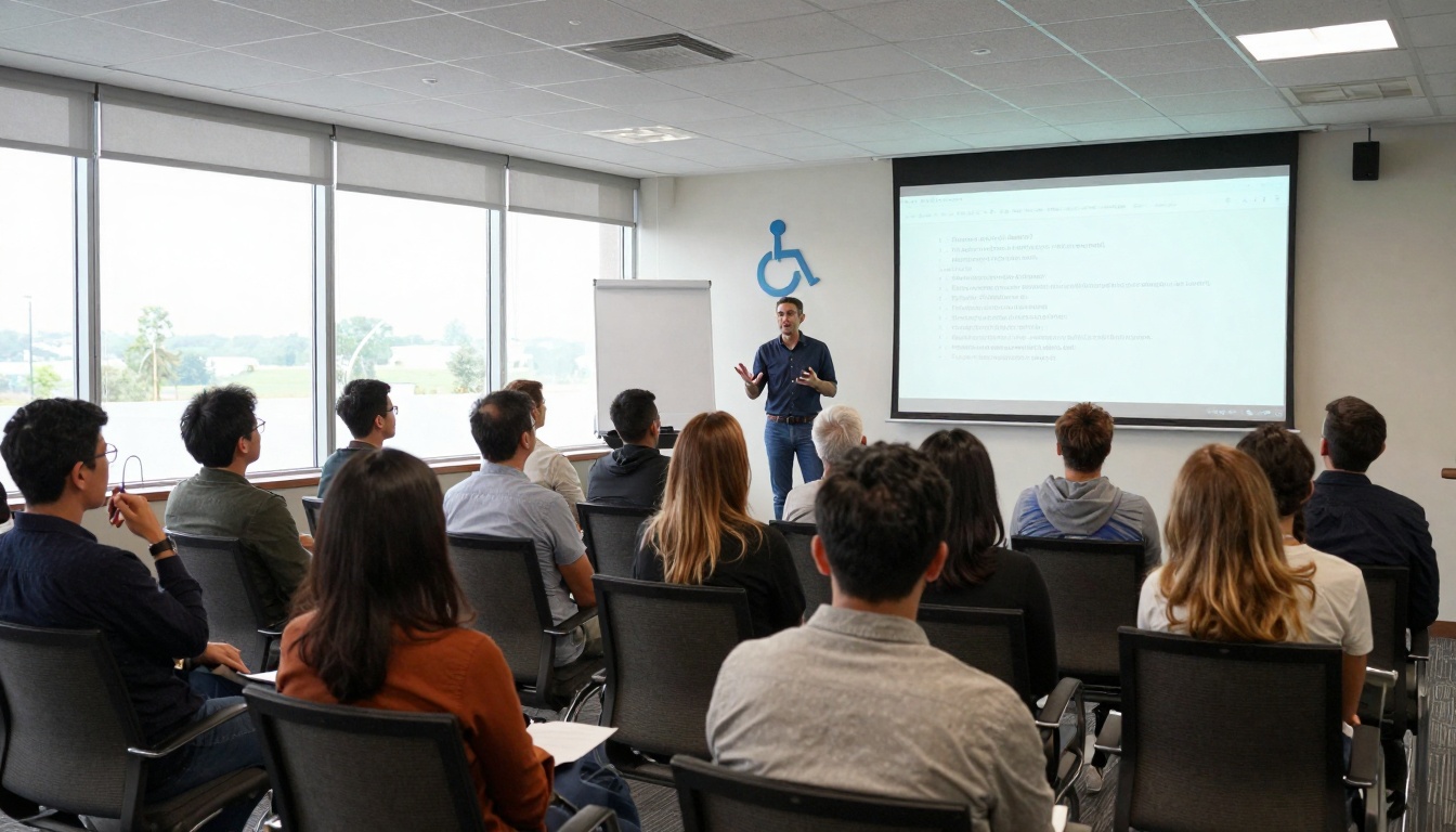 Wide shot of conference room with real-time captioning