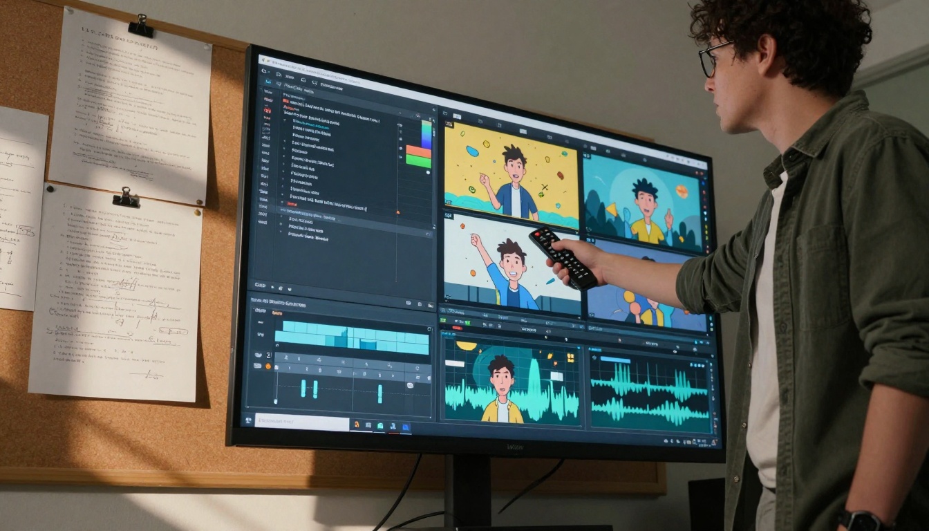Low-angle shot of content creator reviewing multiple videos