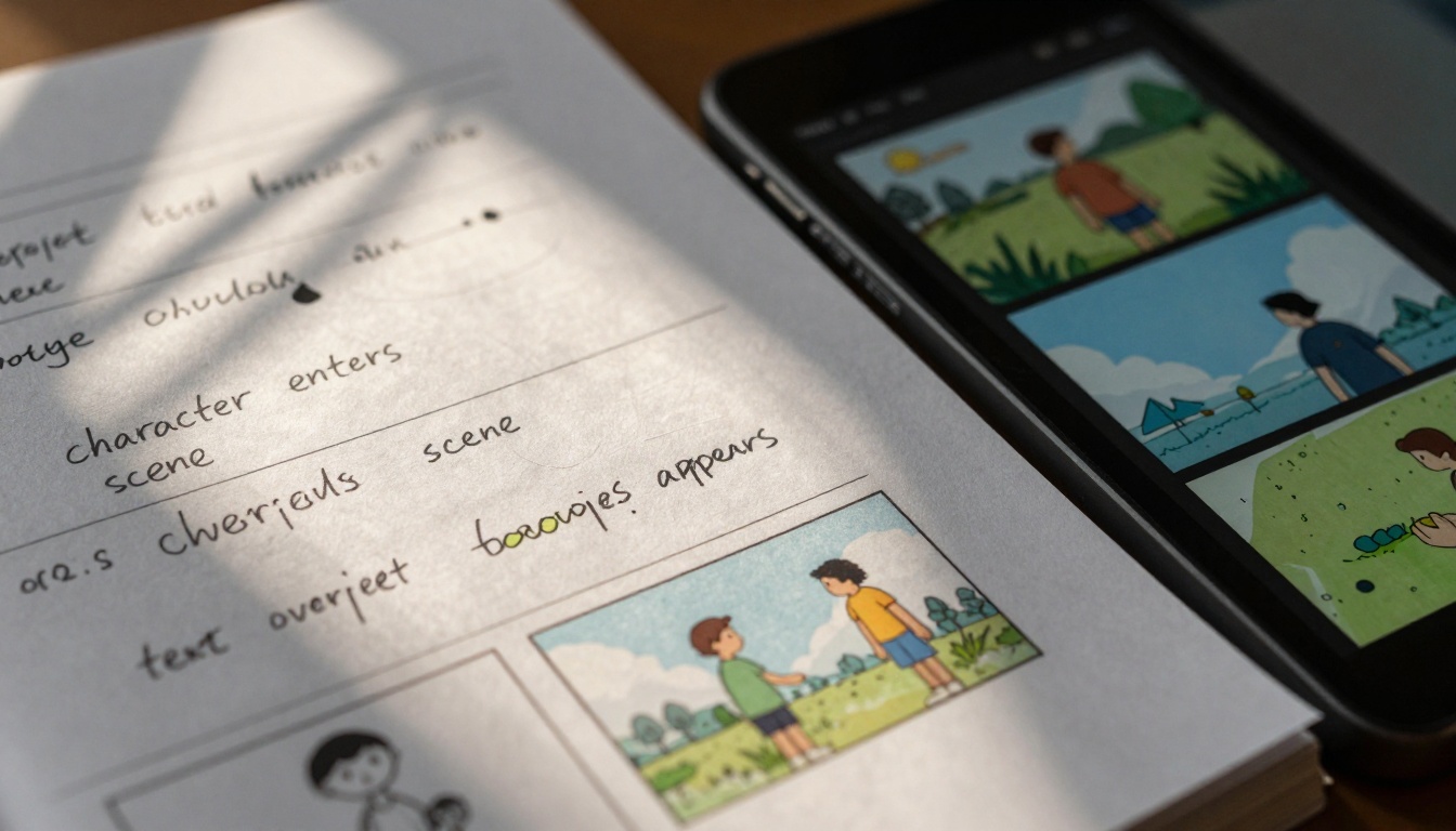 Close-up of script transforming into storyboard