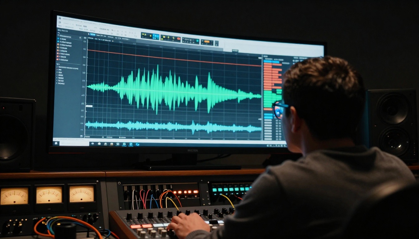 Low-angle shot of music producer analyzing spectral data