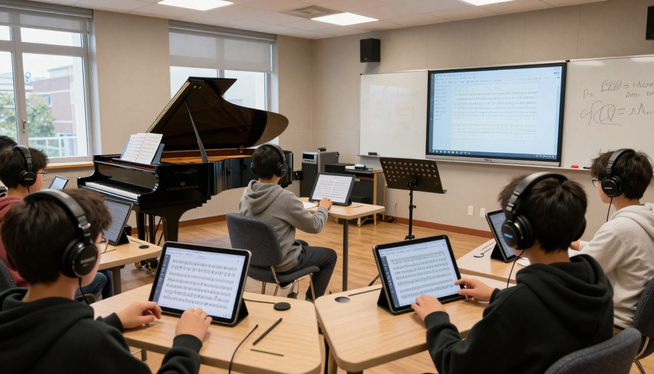 Classroom setting with students using transcription technology