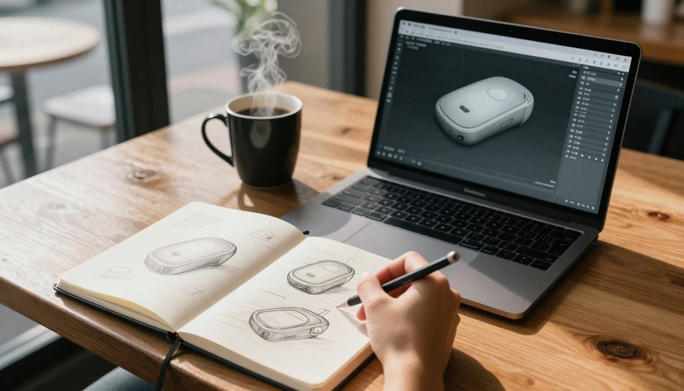 Product designer sketching alongside 3D CAD model