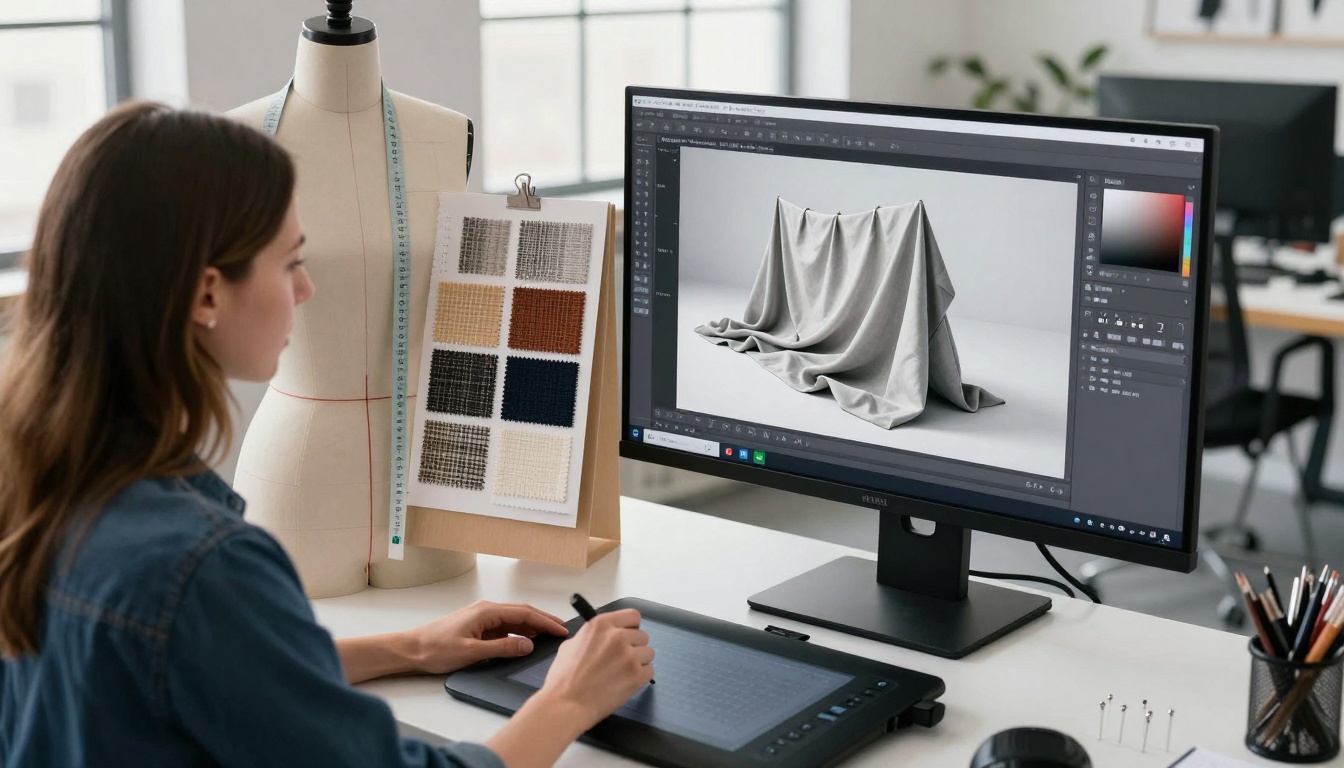 Fashion designer working with digital fabric simulation