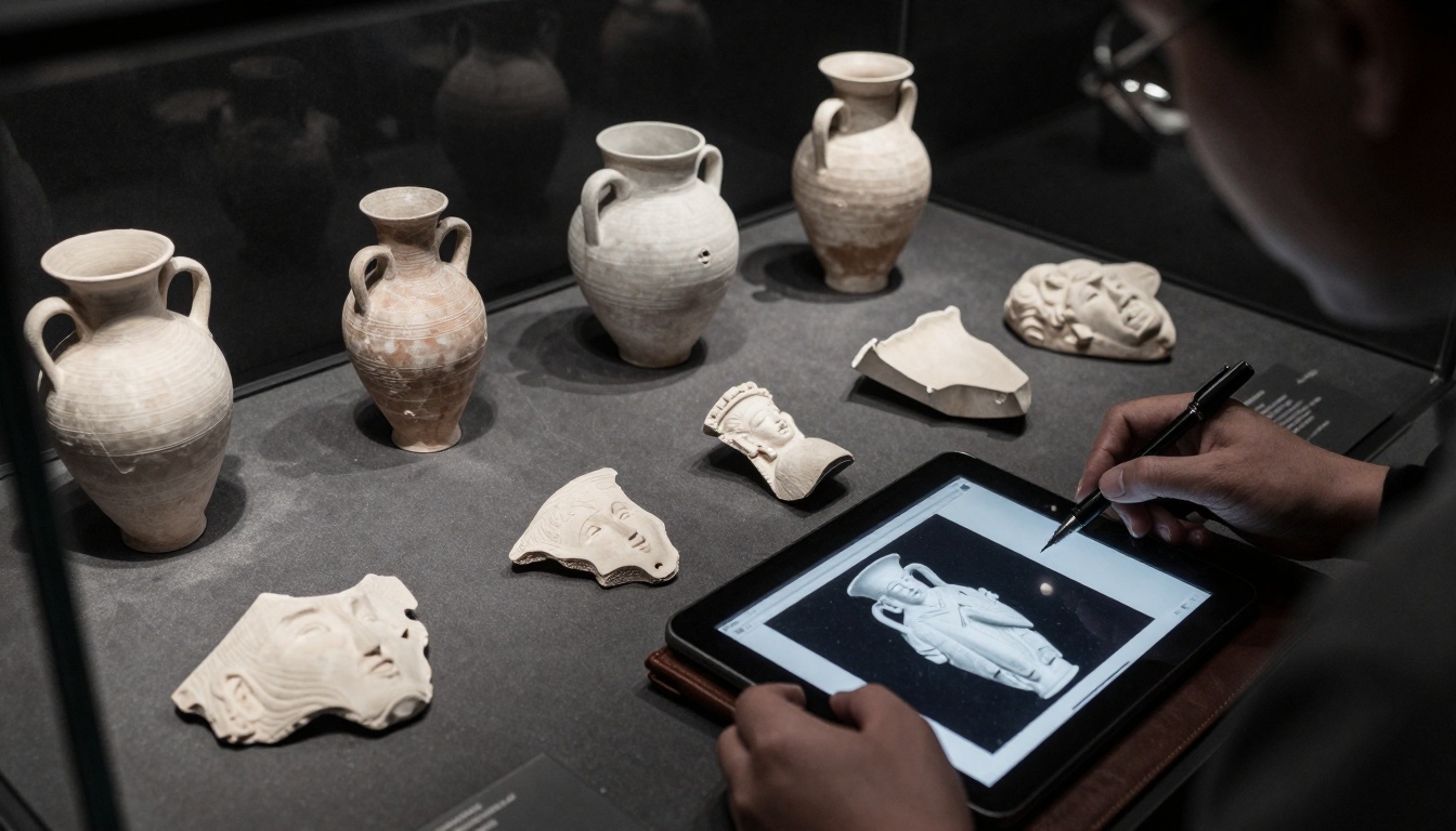 Museum curator arranging 3D printed archaeological replicas