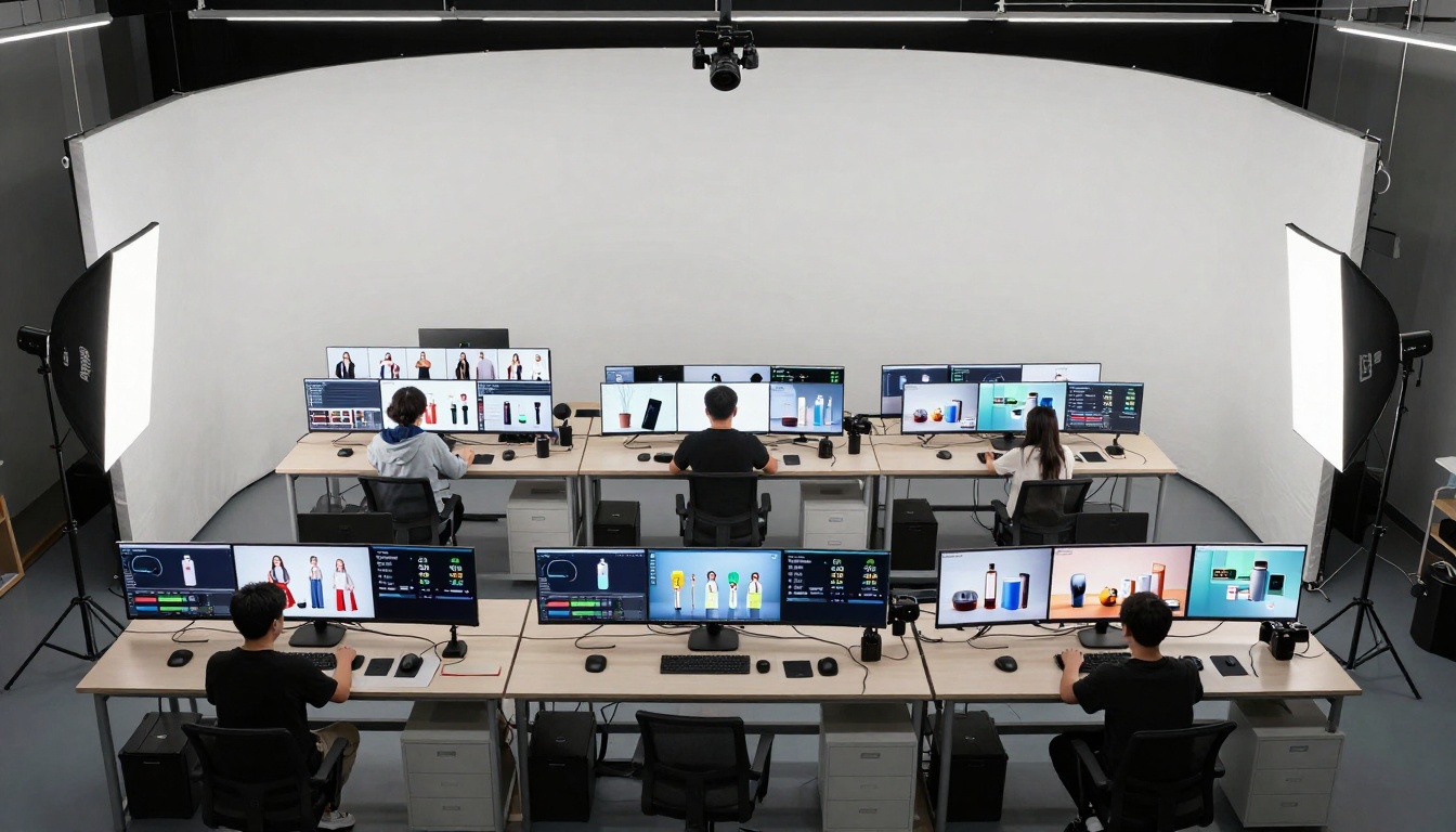 Aerial view of e-commerce studio implementing batch processing