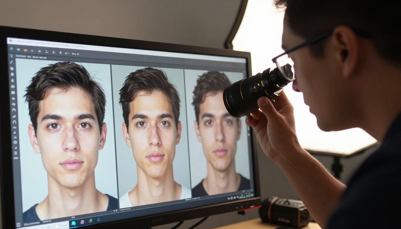 Professional photographer examining consistent portrait variations