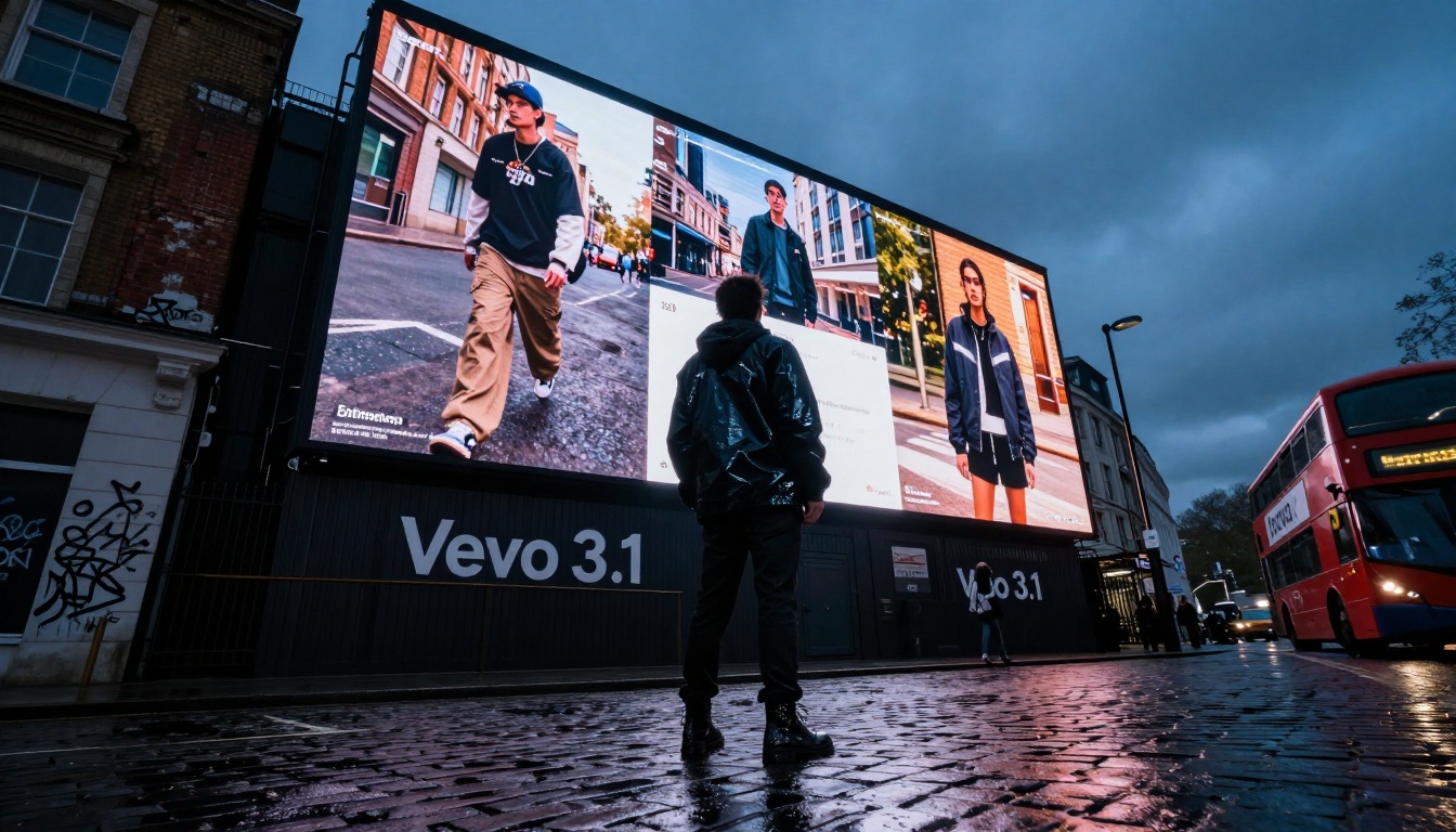 Creative Director Reviewing Veo 3.1 on Outdoor Screen