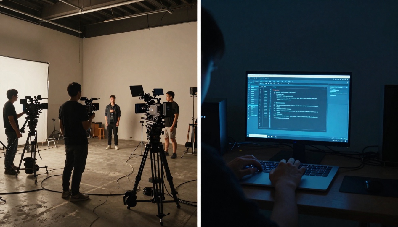 Split-screen traditional vs AI workflow