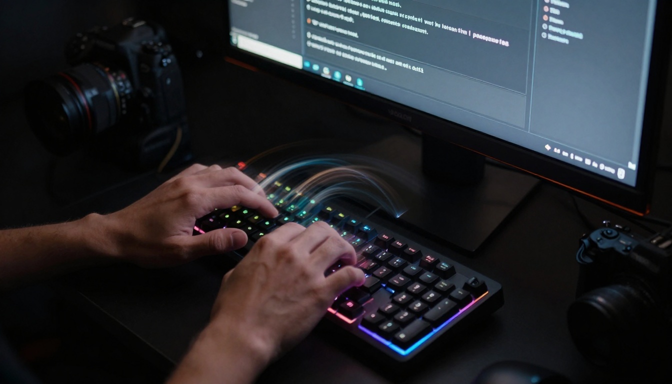 Hands typing prompts with motion blur