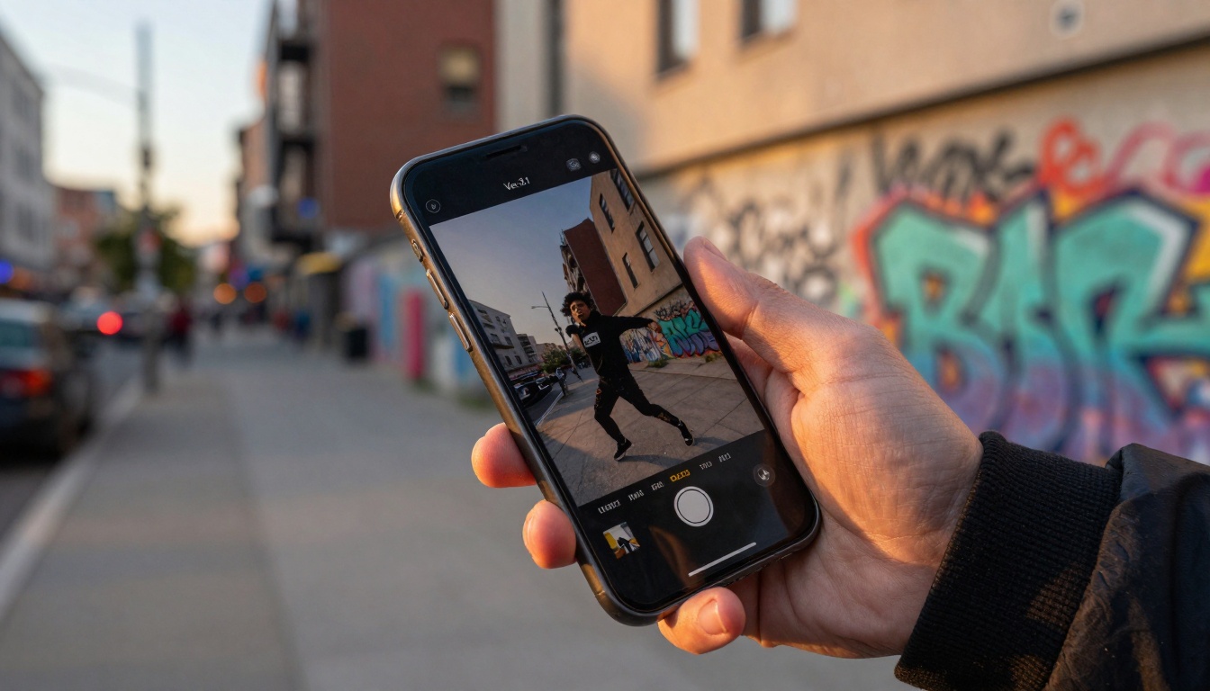 Dynamic smartphone shot against city background