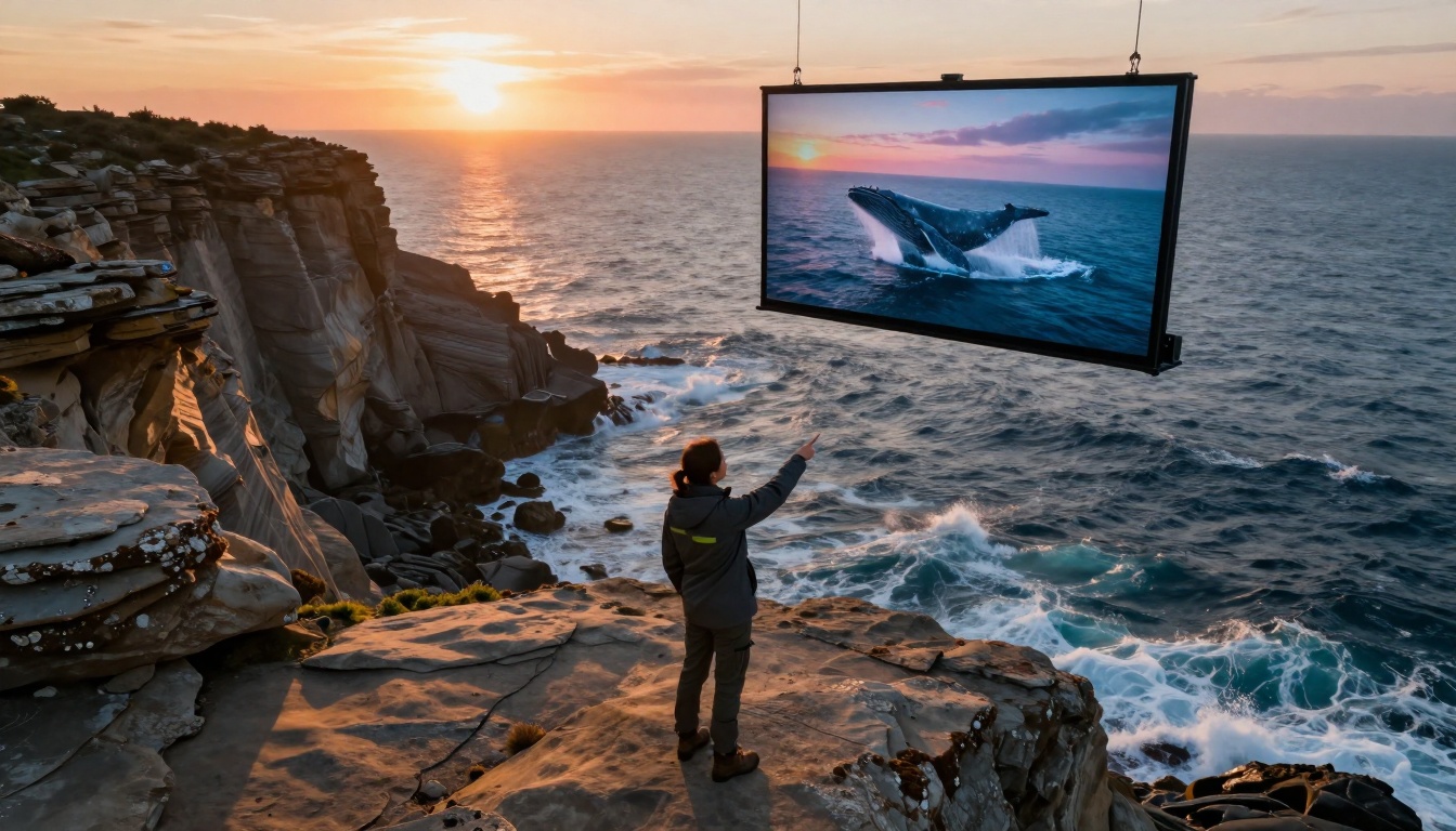 Aerial drone shot looking down at a professional film director standing on a rocky coastal cliff