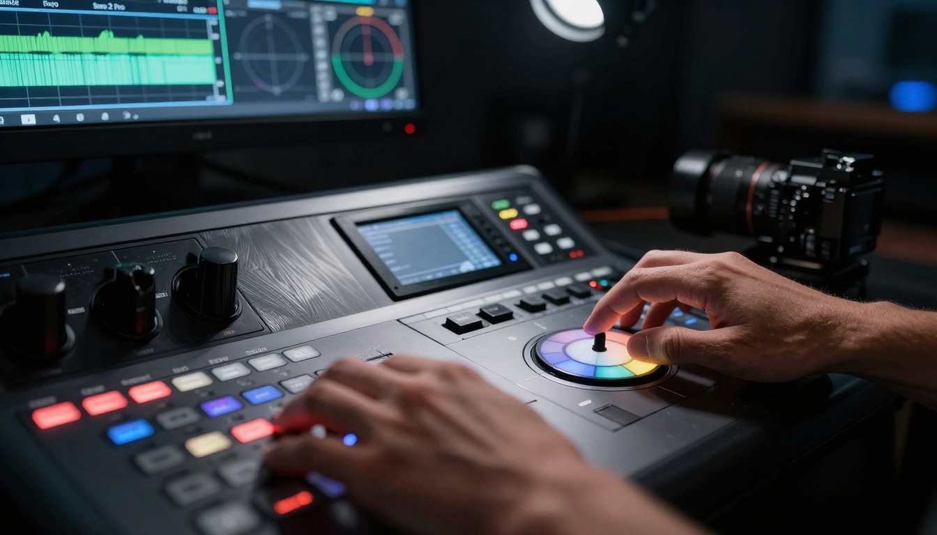 Extreme close-up of a professional color grading console in a dimly lit post-production suite
