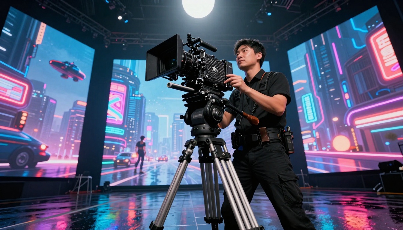 Low-angle shot from ground level looking up at a cinematographer operating a professional cinema camera rig