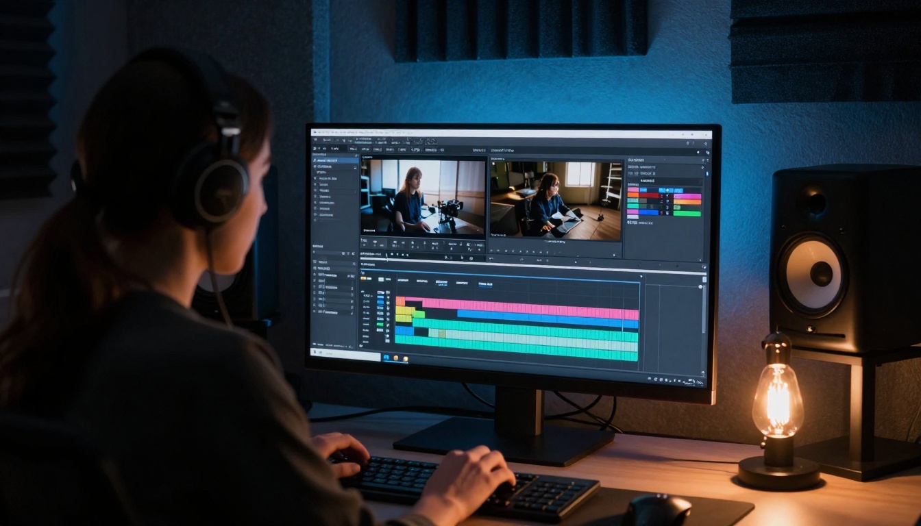 Over-the-shoulder shot of a video editor working on Sora 2 Pro footage in a professional editing suite