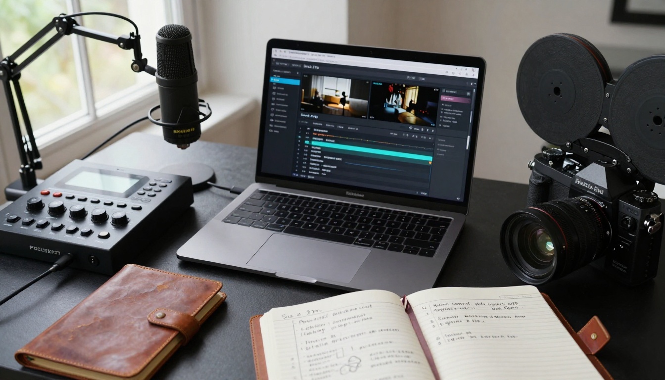 Detailed macro shot of a professional video producer's desk setup showing the integration of AI generation tools