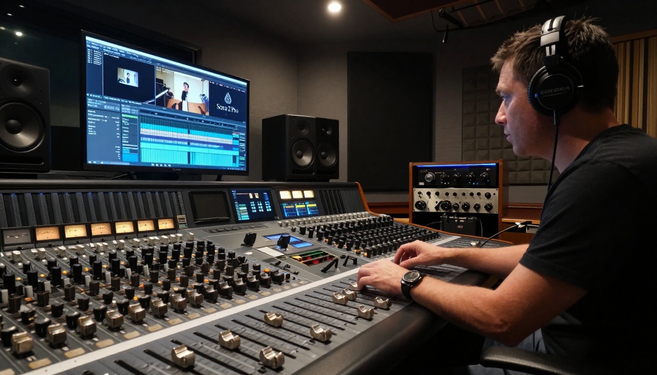 Cinematic shot inside a professional sound mixing studio showing audio engineer working on Sora 2 Pro video soundtrack