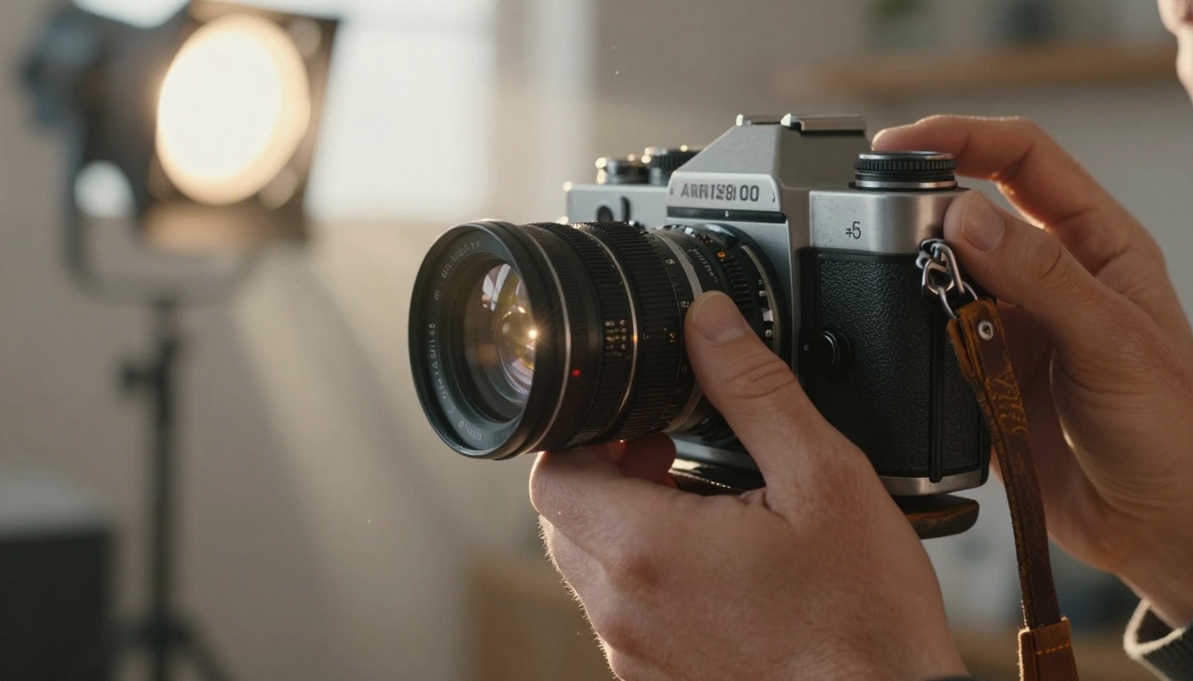 Film director's hands adjusting vintage camera