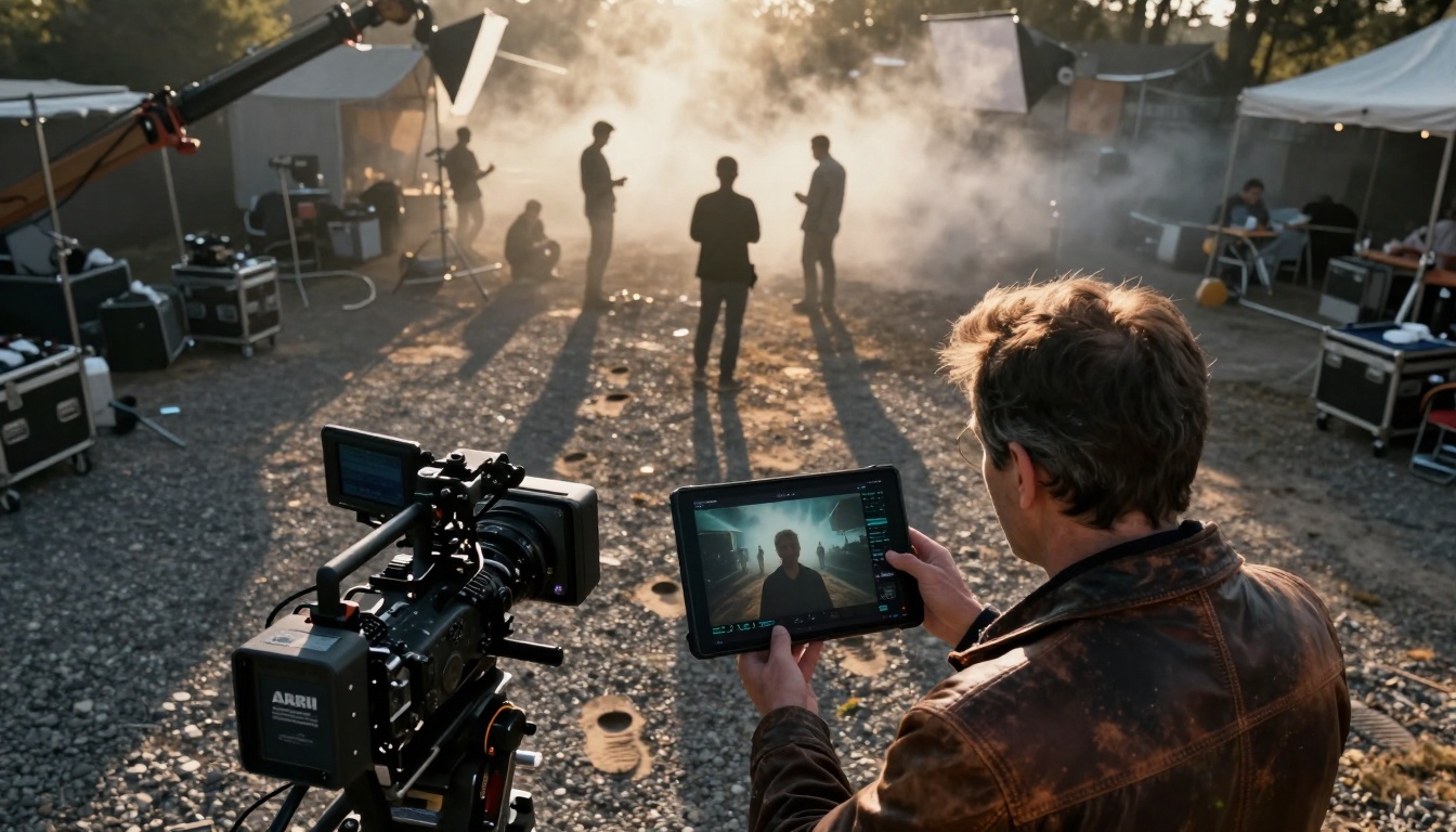 Aerial view of film set with AI integration