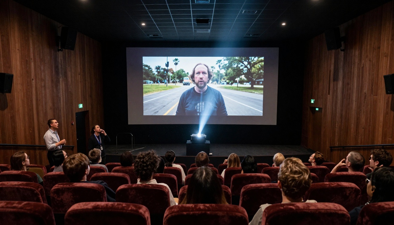 Theater screening with professionals reviewing AI footage