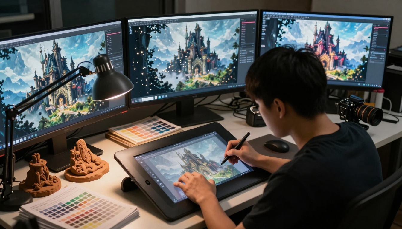 Creative workspace of a video effects artist integrating Sora 2 Pro footage with traditional VFX techniques