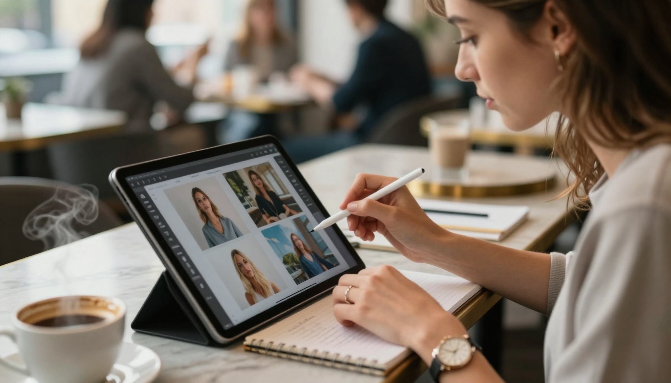 Medium shot of creative director reviewing images in cafe