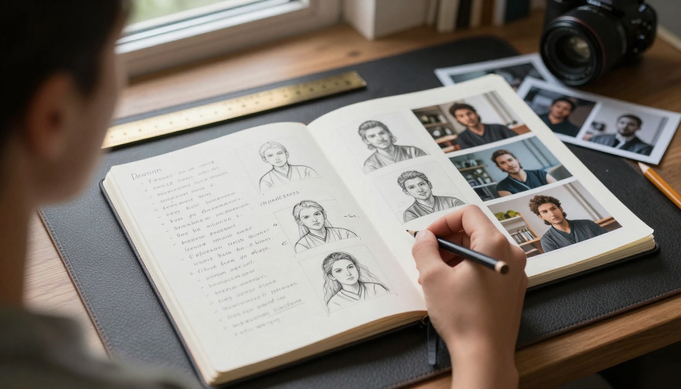 Over-the-shoulder shot of designer's sketchbook process