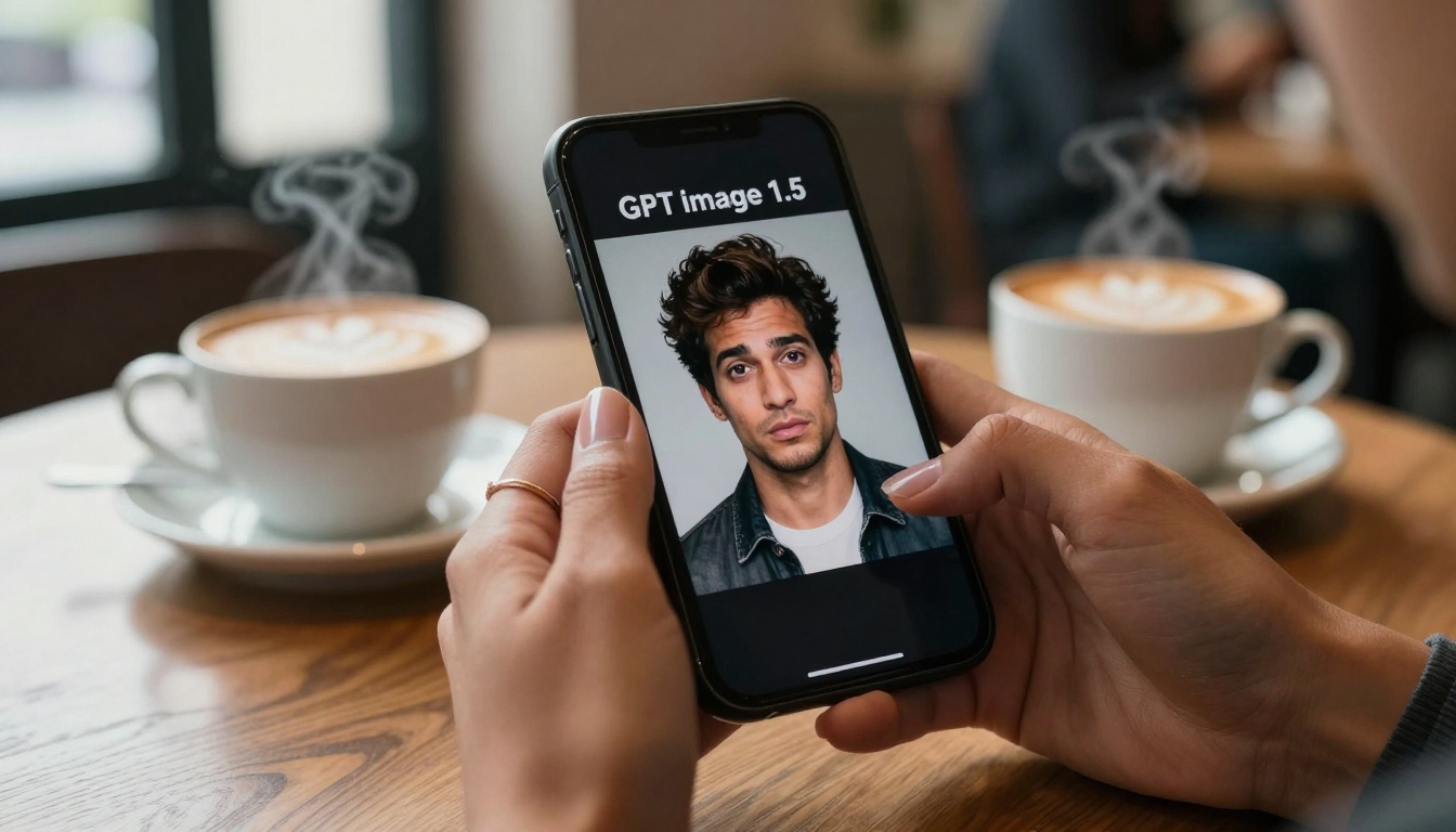 Intimate coffee shop scene with AI meme creation