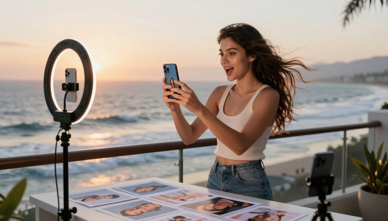 Influencer creating ocean-side content with AI