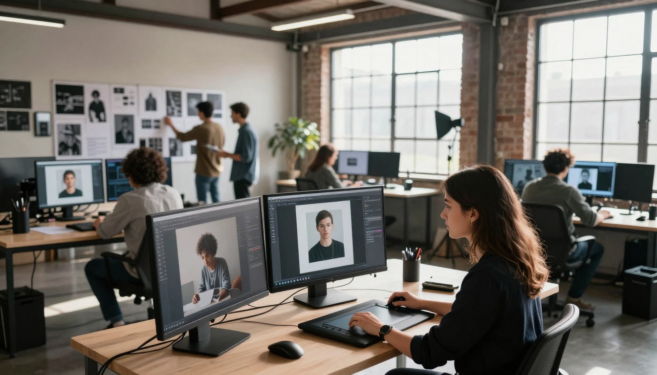 Wide establishing shot of creative studio workflow