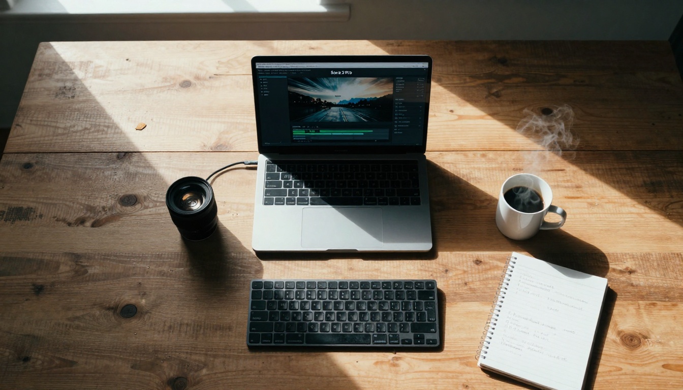 Minimalist workspace with Sora 2 Pro interface