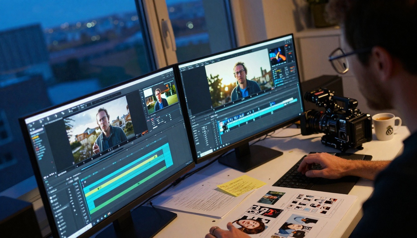 Late-night editing session with multiple monitors