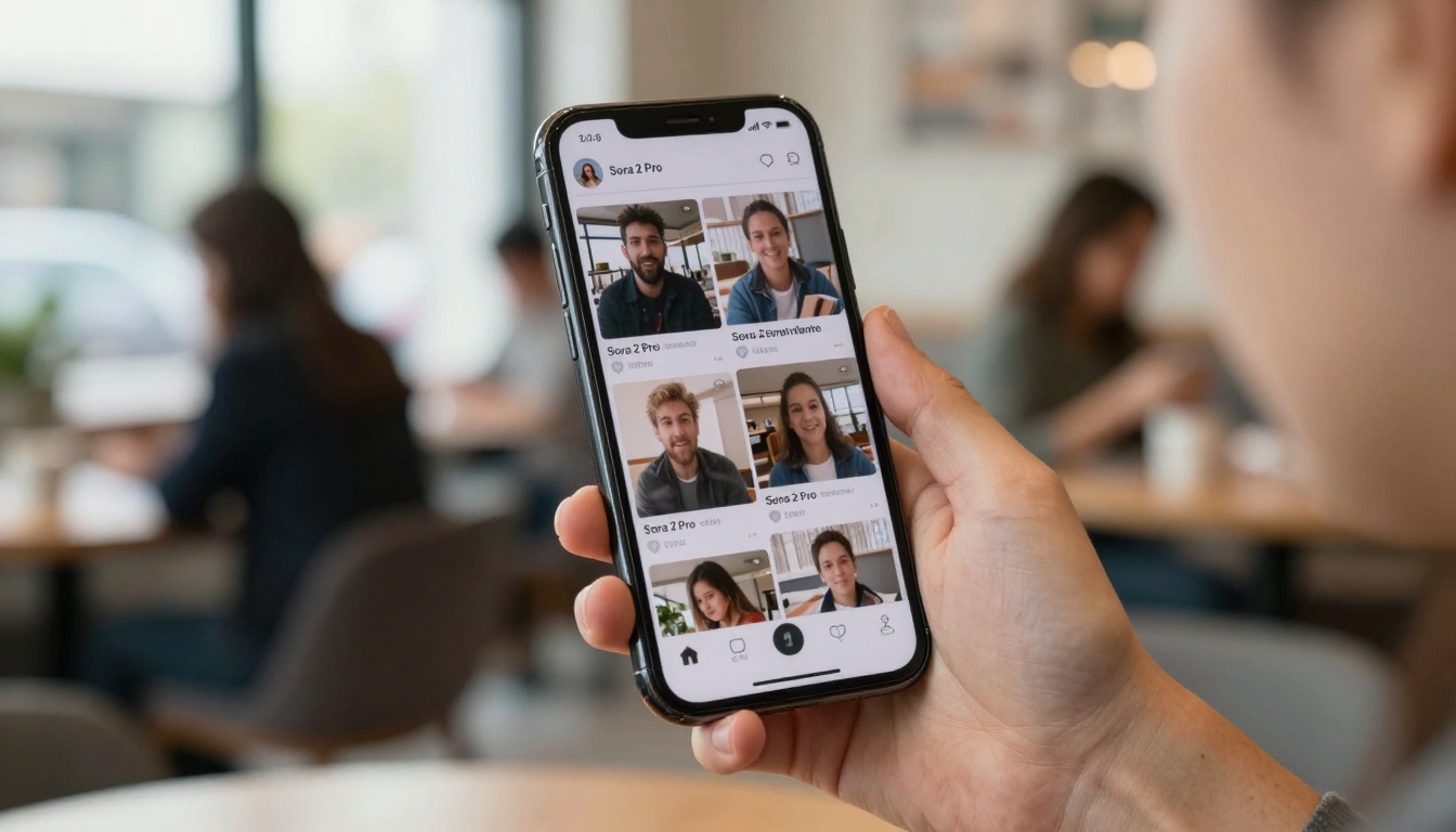 Smartphone showing social media feed with generated videos