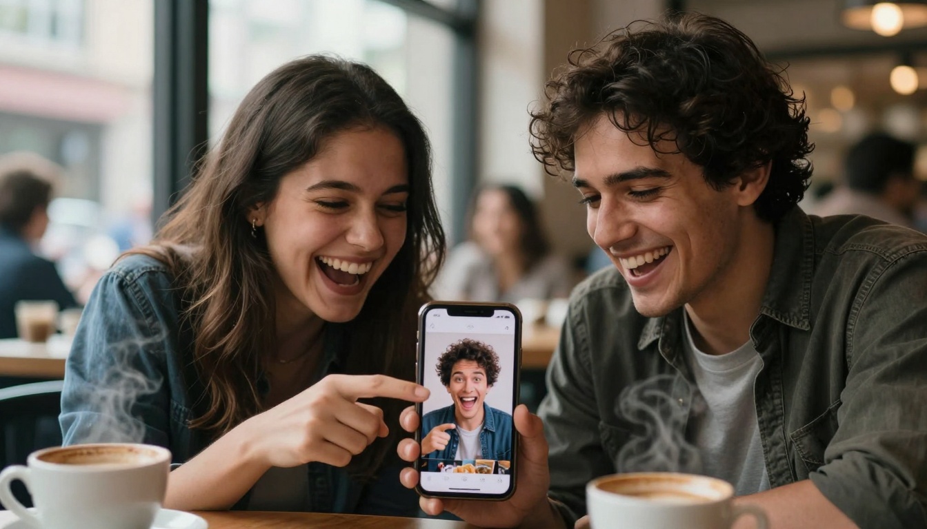 Friends using AI app together in cafe