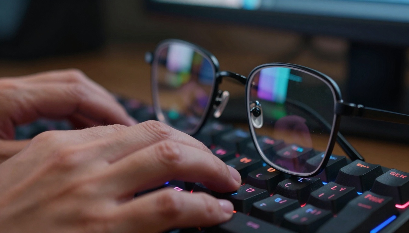 Extreme close-up of fingers typing with monitor reflections