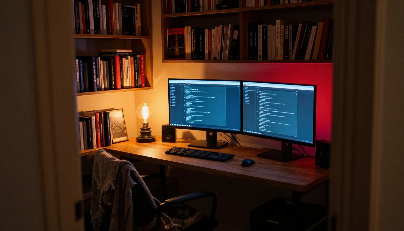 Wide-angle environmental portrait of home office at night