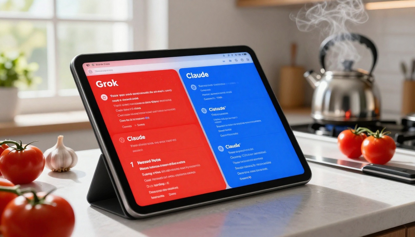 Dutch angle shot of tablet in kitchen with AI cooking assistance