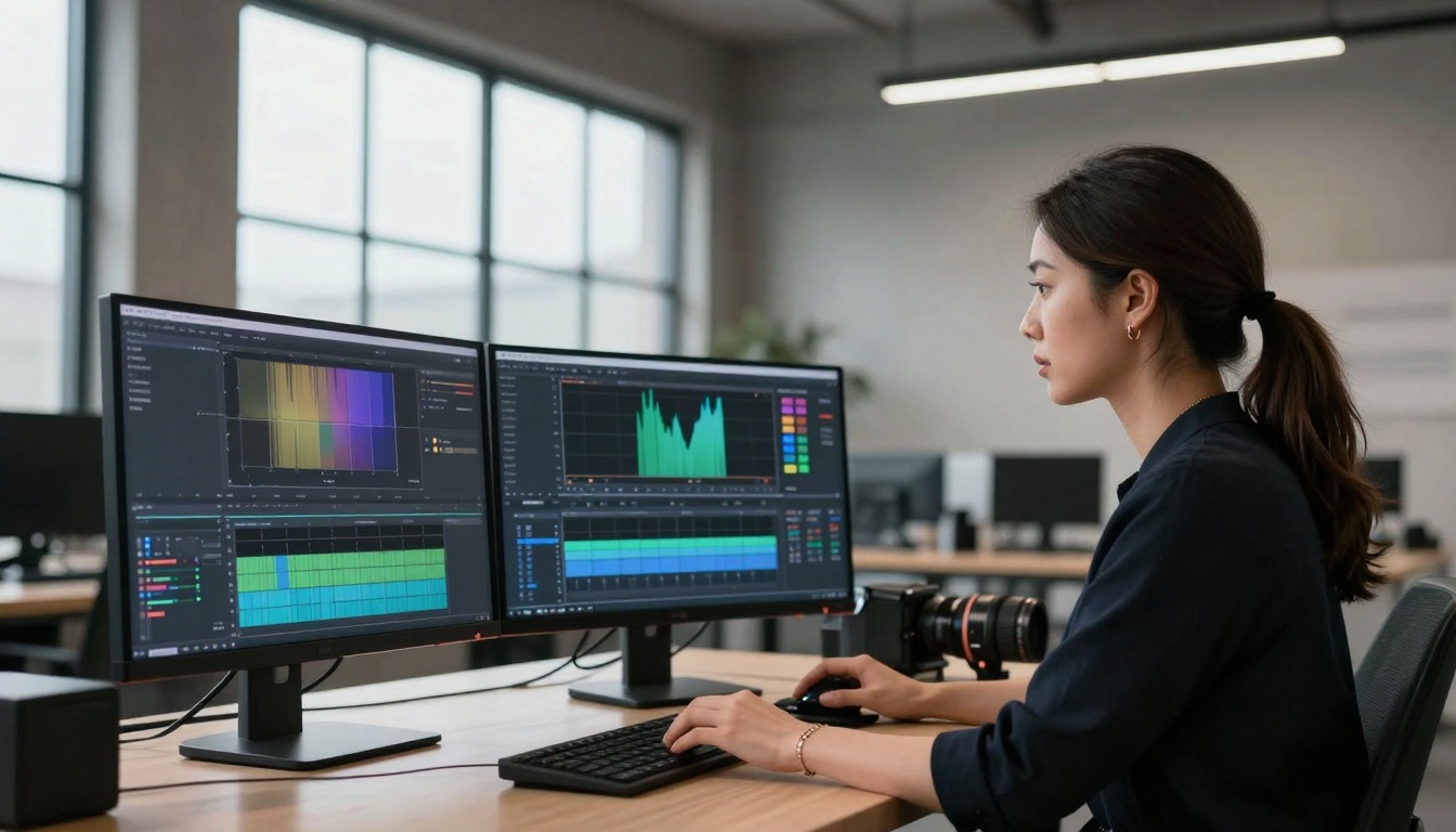Professional video editor workspace with technical monitors