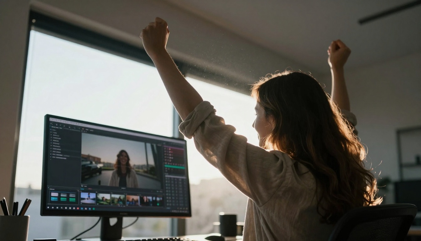 Creator celebrating successful video reframing