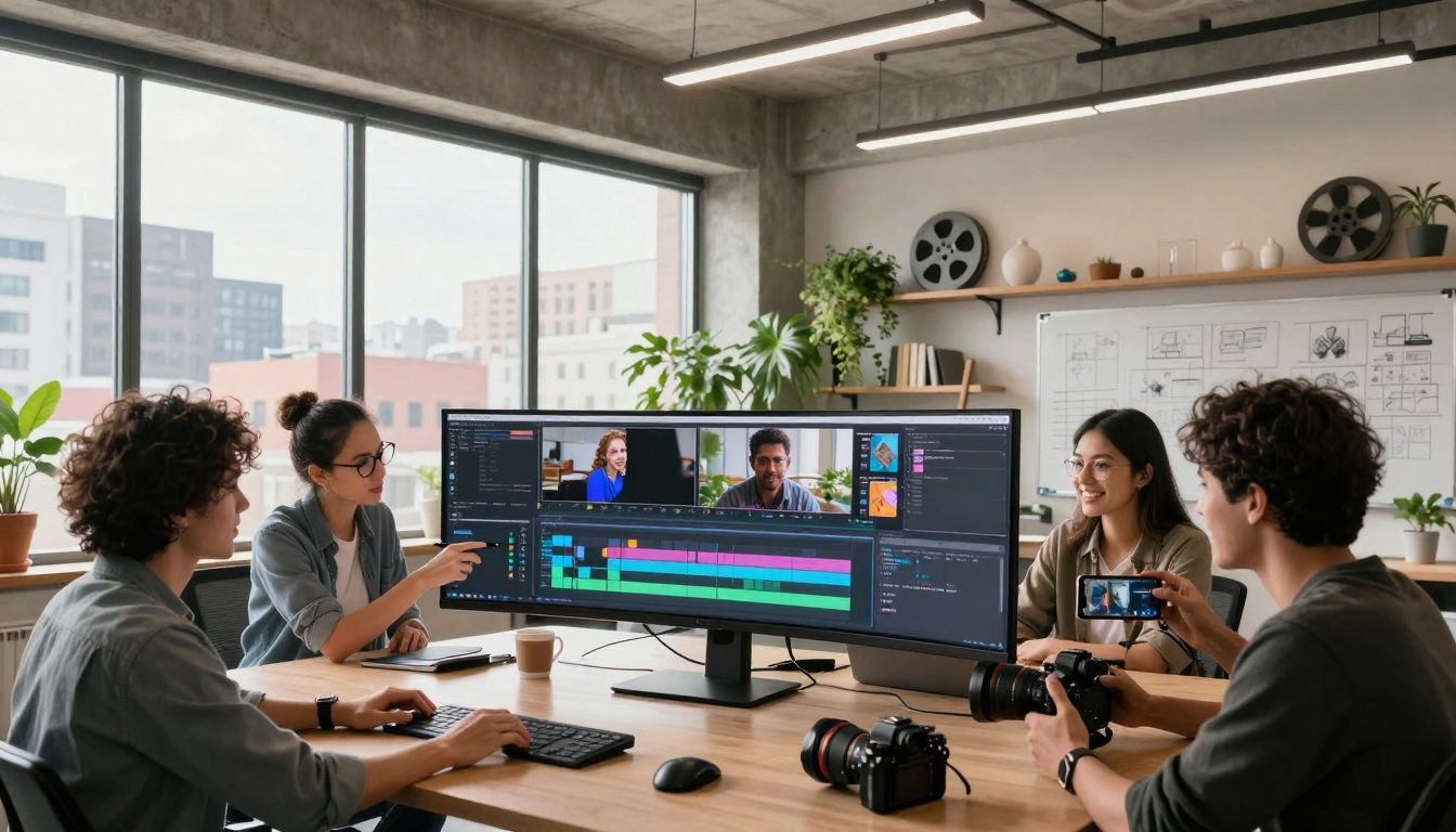 Creative workspace with video editing setup