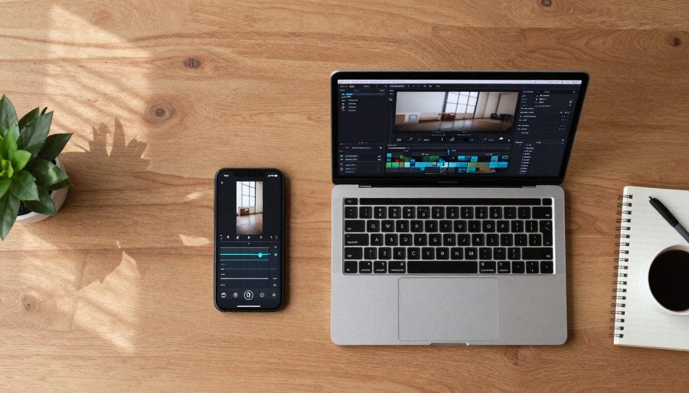 Aerial view of smartphone and laptop editing