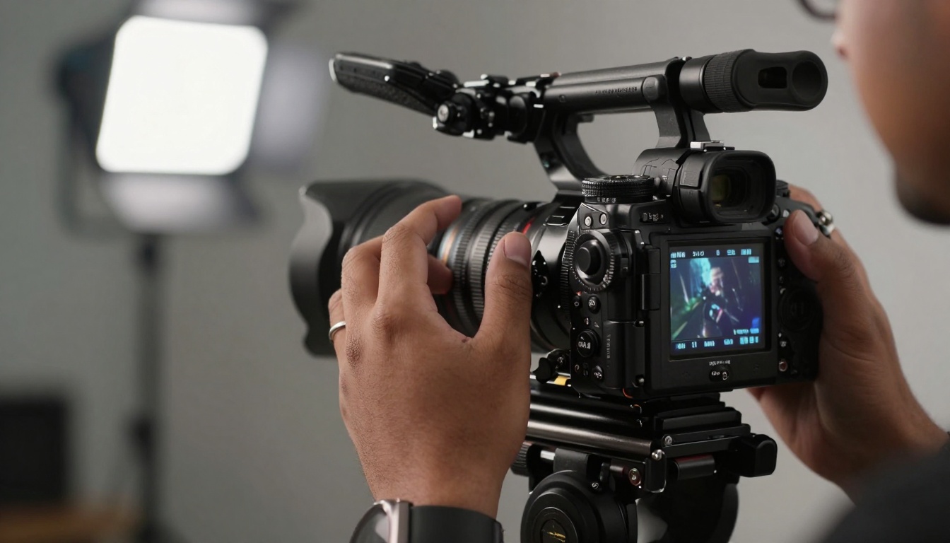 Hands adjusting professional camera