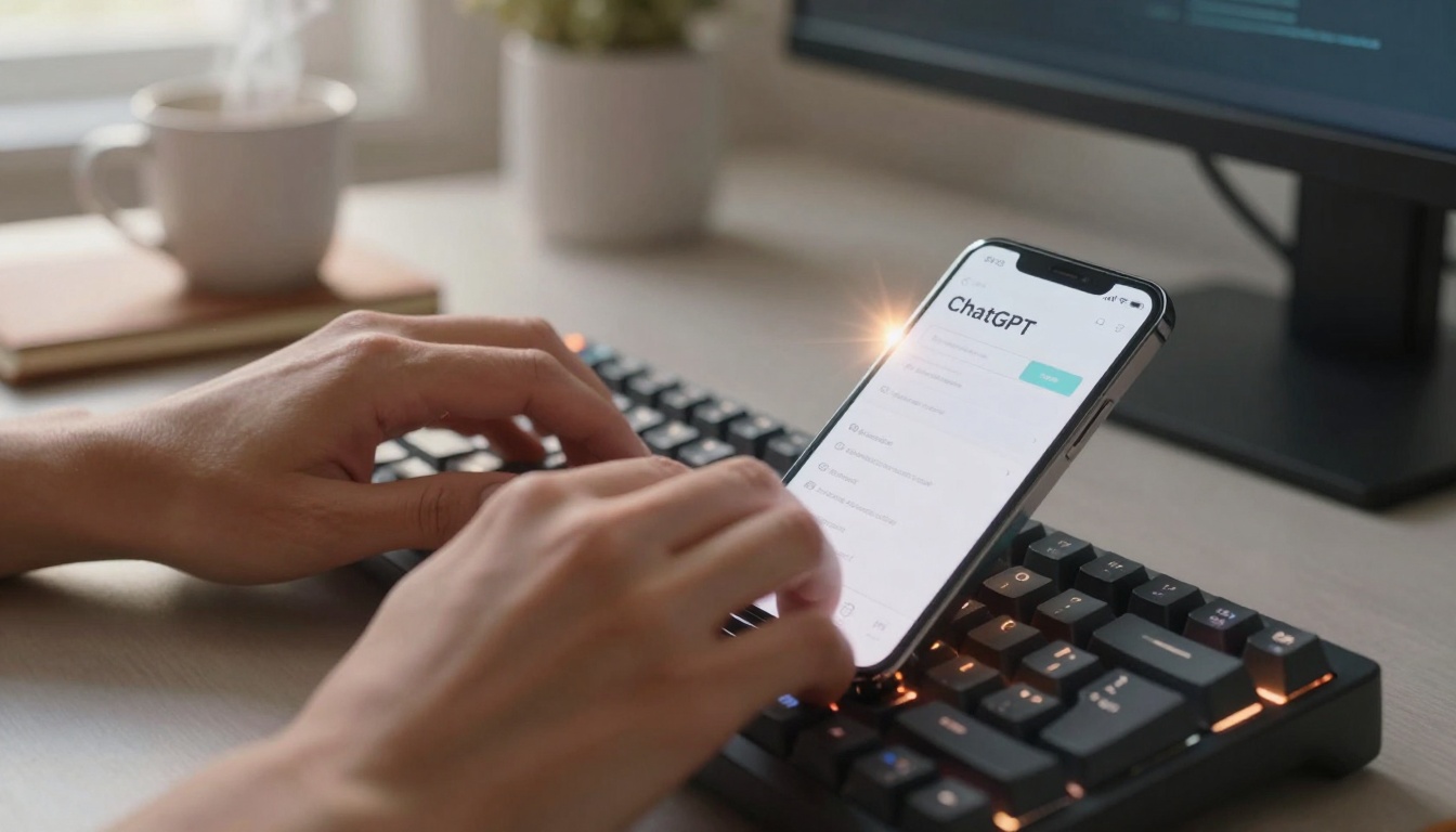 Close-up of hands typing with ChatGPT on smartphone