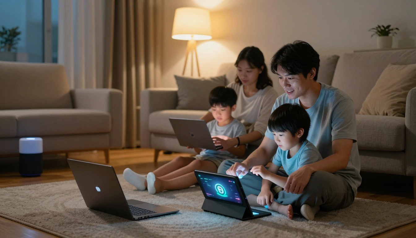 Family using various AI tools in living room