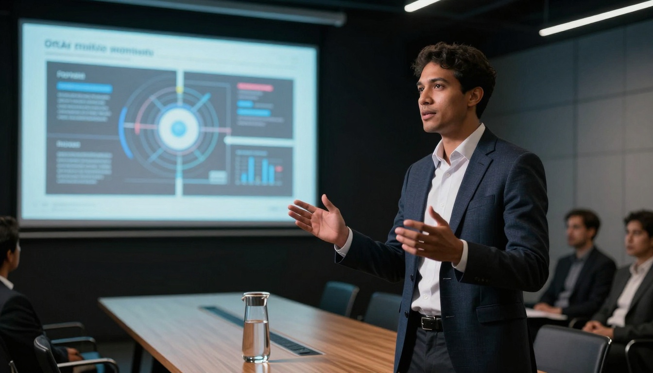 Entrepreneur presenting with AI-generated visuals