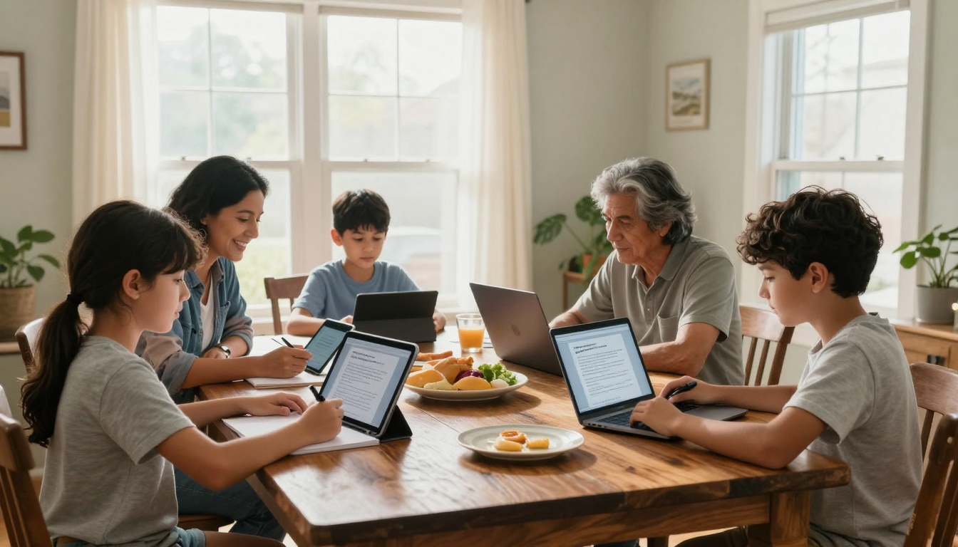 Wide establishing shot of a family gathered around a dining table
