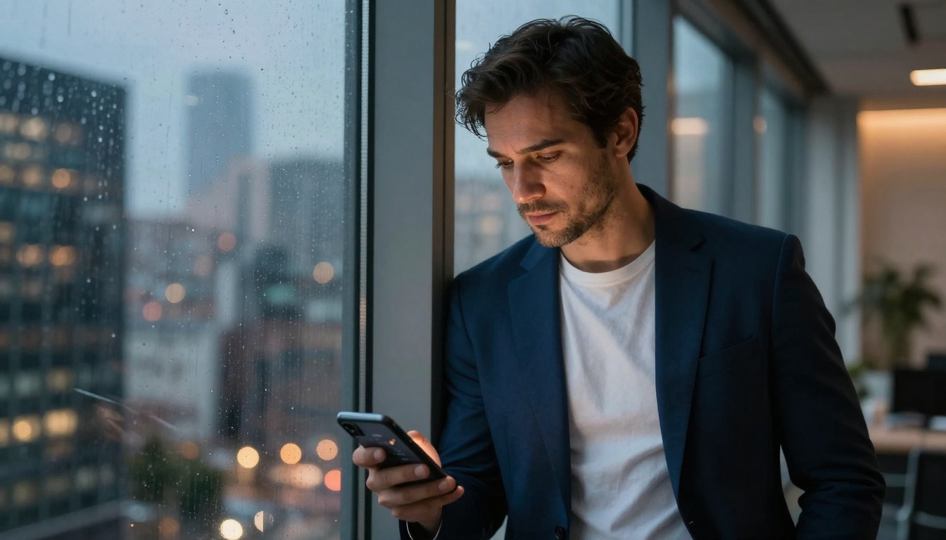 Social media manager reviewing analytics dashboard against cityscape background
