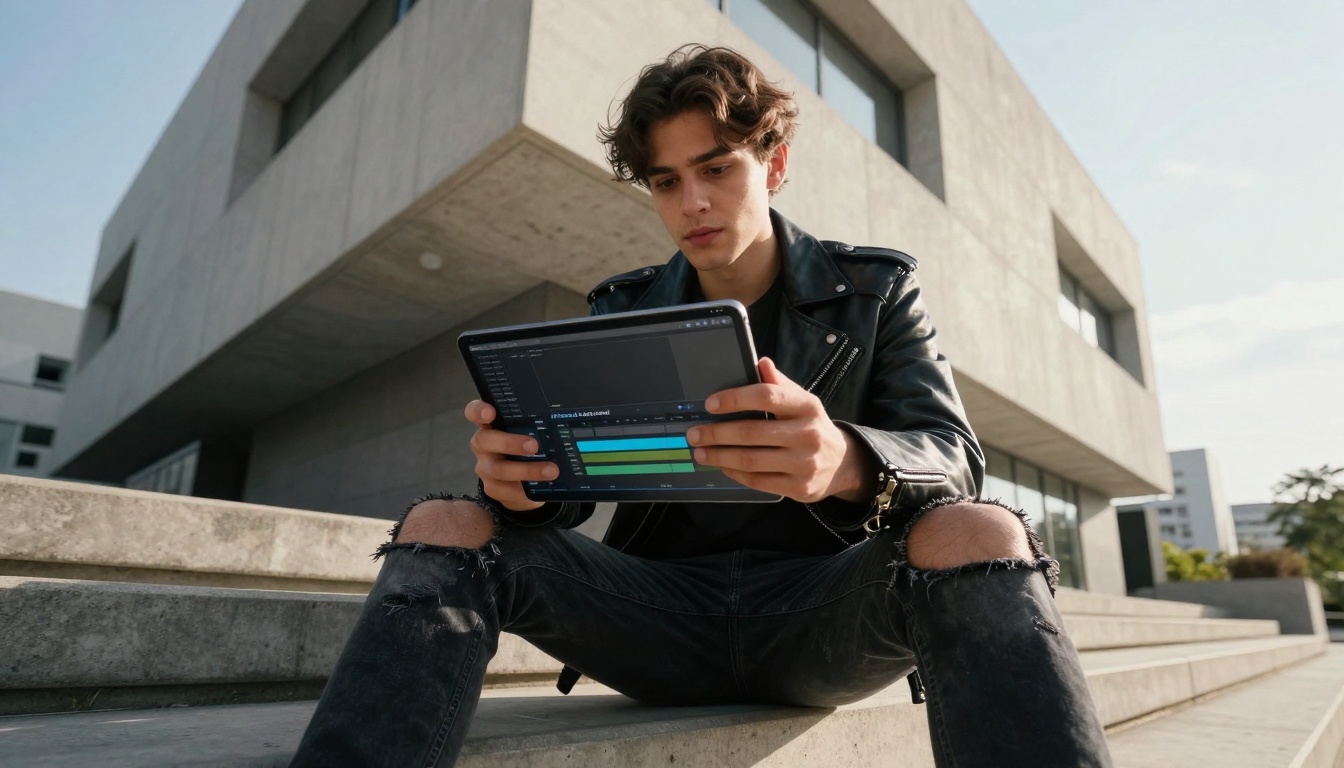 Low-angle shot of influencer editing video content on tablet