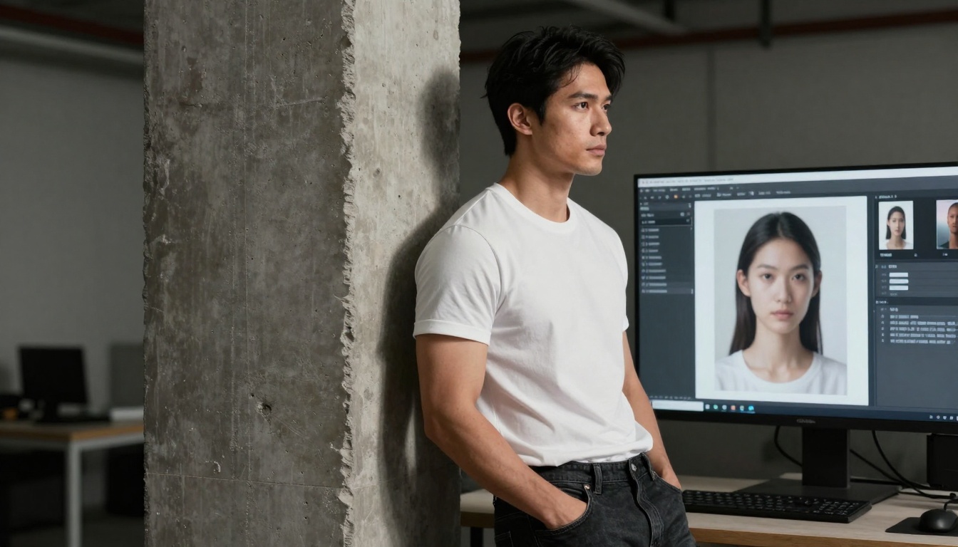 Influencer reviewing batch of AI-generated images on large monitor