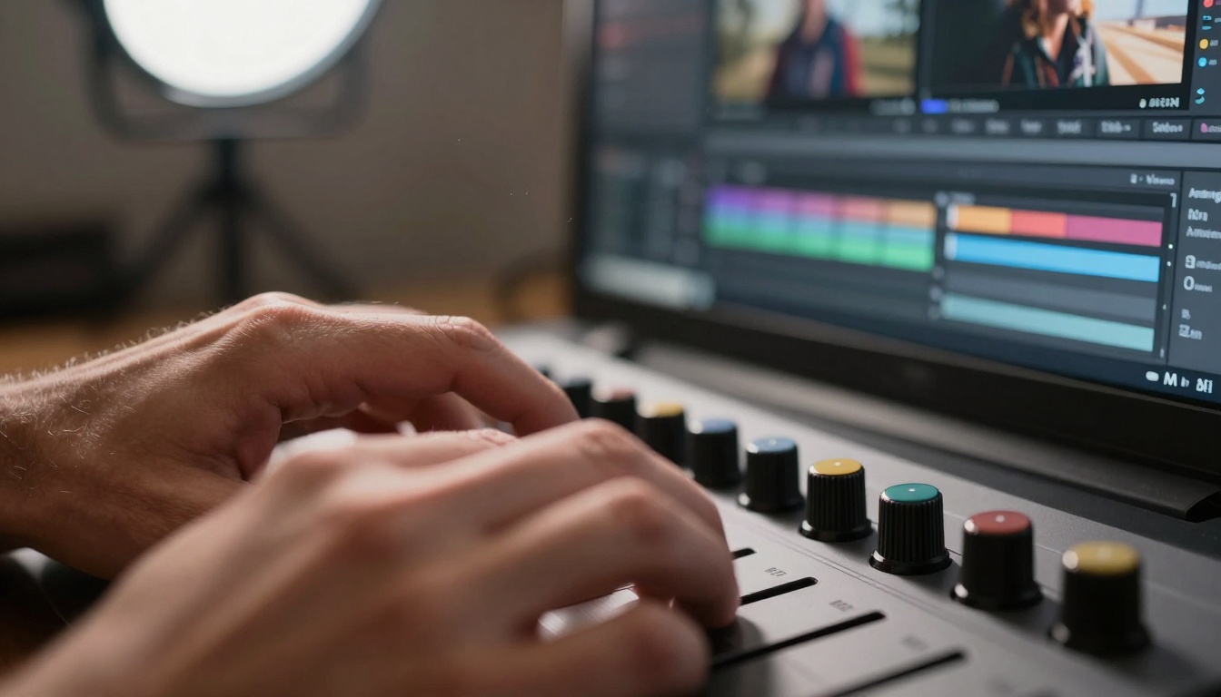 Close-up of video editor using AI color grading