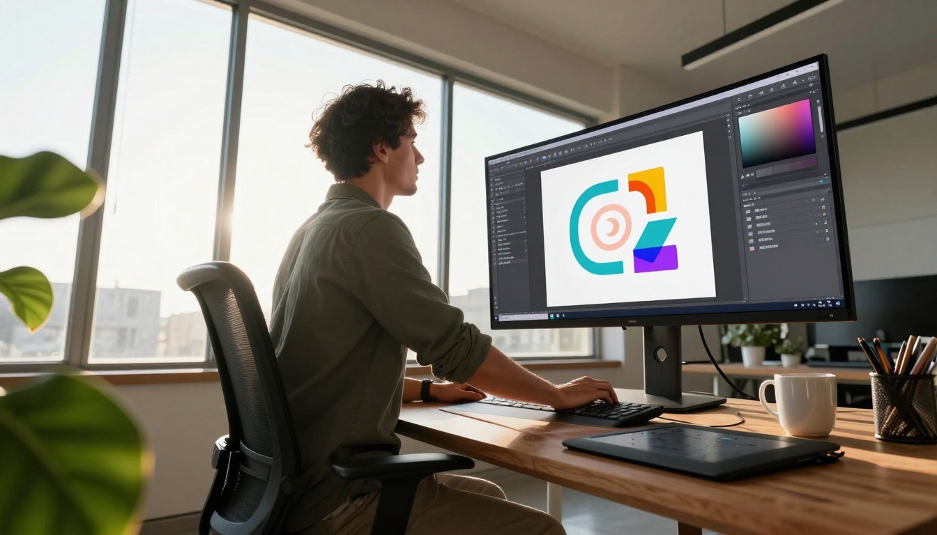 Low-angle shot of graphic designer with AI tools